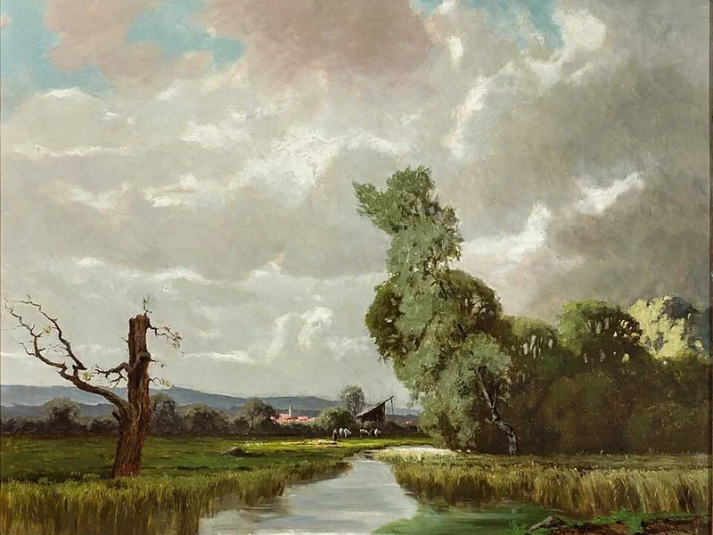 1878-Josef Mühlbeck - Paesaggio di pascolo con borgo in una luce soleggiata